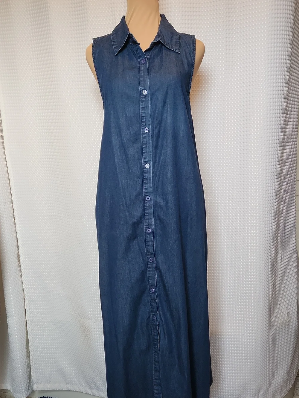 Soft Surroundings Small Blue Denim Sleeveless Maxi Shirt Dress 100% Cotton Boho - Picture 2 of 15